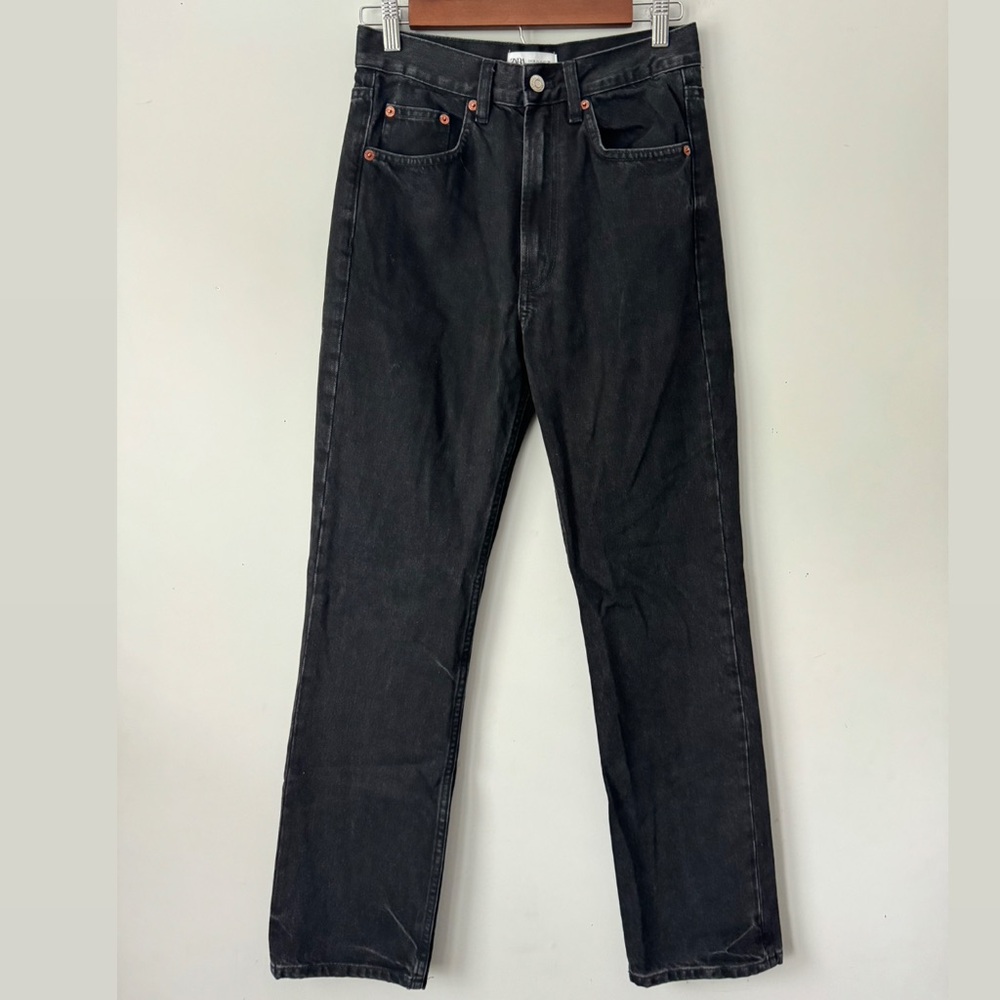Zara Black Denim High-Waisted, Straight Leg Jeans